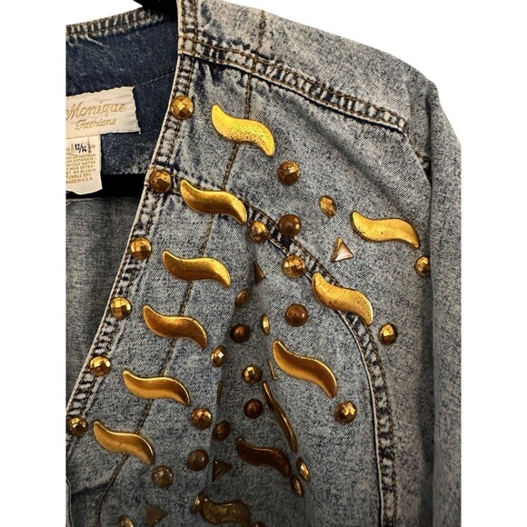 Monique Fashions 80s Acid Washed Blue Denim Gold Stud Shirt Jacket  13/14 - Picture 3 of 10